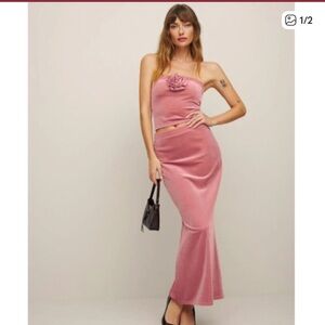 Reformation Adalynn knit two piece light pink velvet skirt set Easter  XL NWT